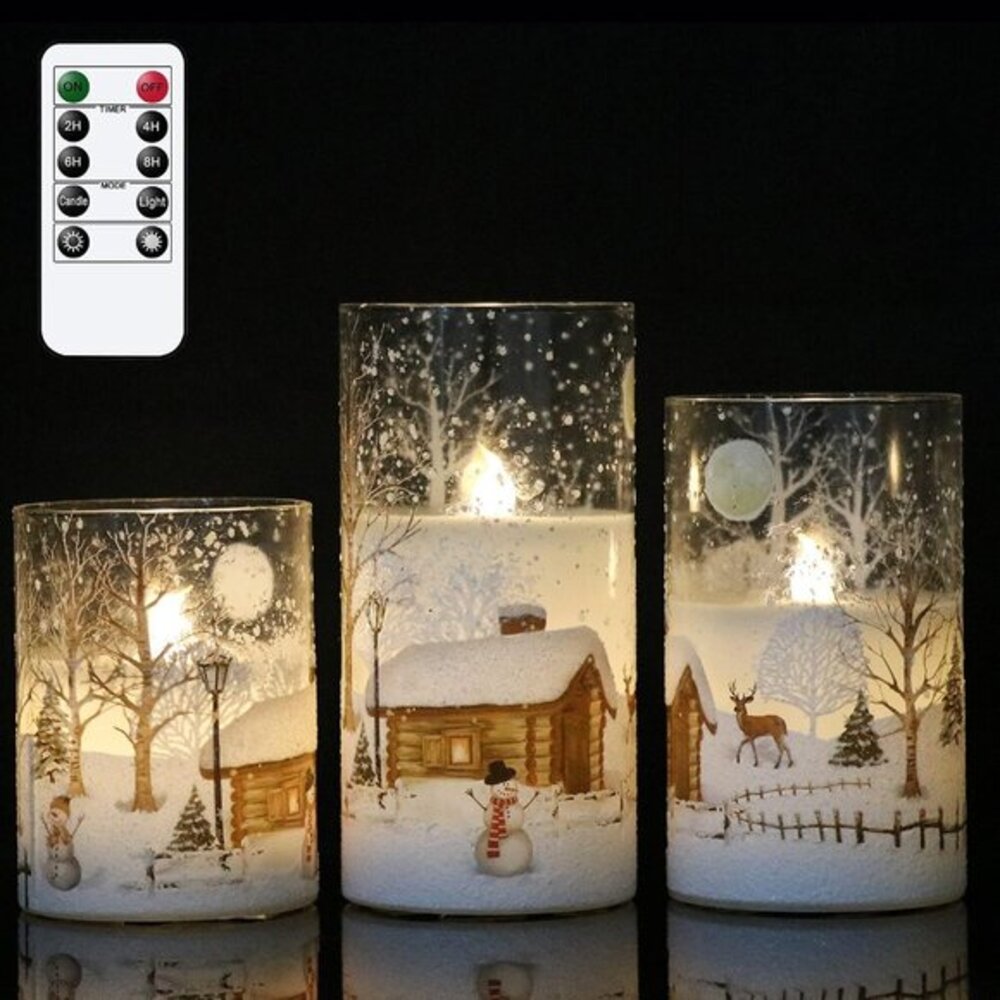 Snowman Glass Flameless Candles‎ Battery Operated with Remote and Timer Real Wax